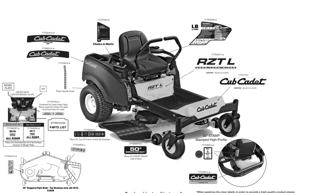 Label Map Diagram and Parts List for RZT-L50KH (17BRCACQ056)(2017) Cub Cadet Lawn Tractor